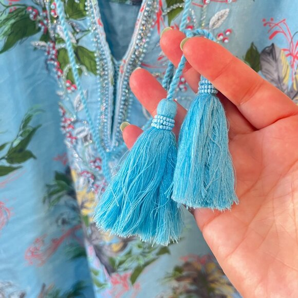 Bella Tu Embroidered Light Blue Floral Tunic Dress W/ Tassels & Bead Trim - Sz. - Picture 5 of 8